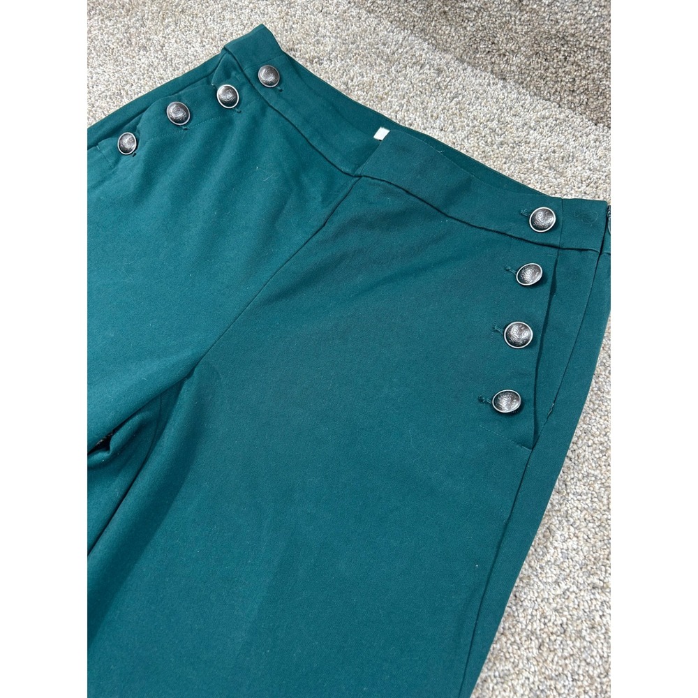 Loft Womens 10 Green Sailor Wide Leg Trousers Crest Button Side Zip Pants #0729